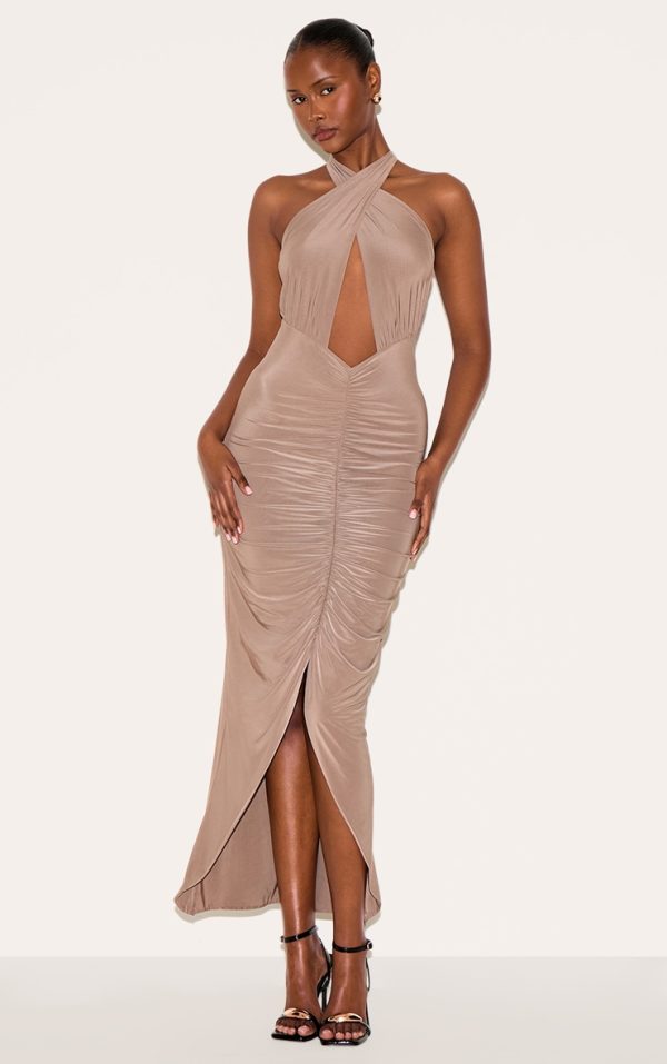 Mushroom Double Layered Cut Out Ruched Maxi Dress