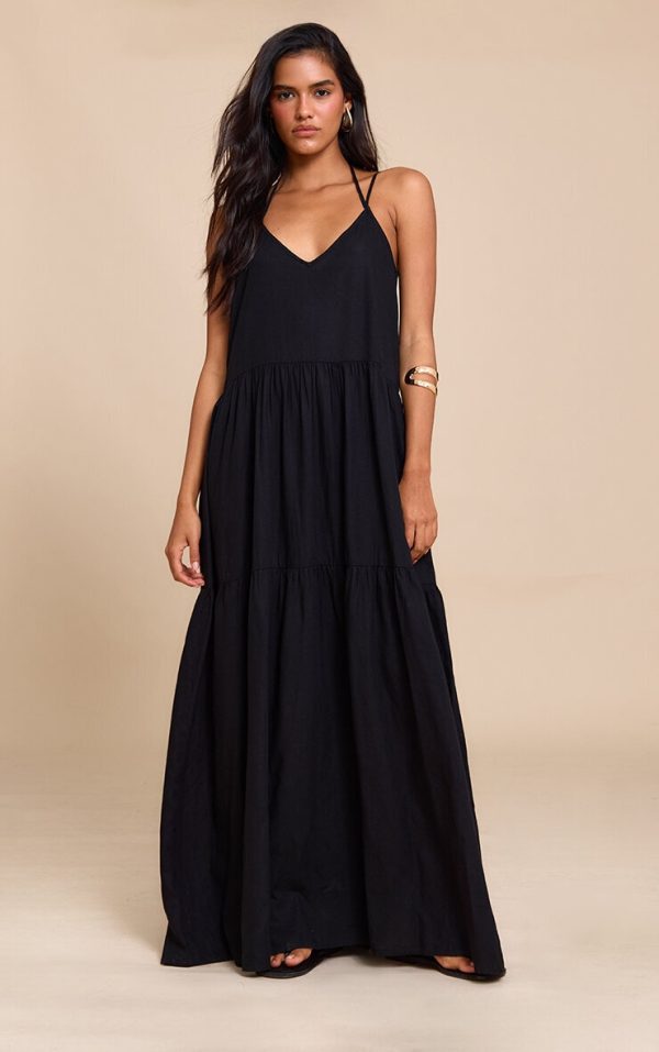 Black Strappy Ruched Maxi Dress
