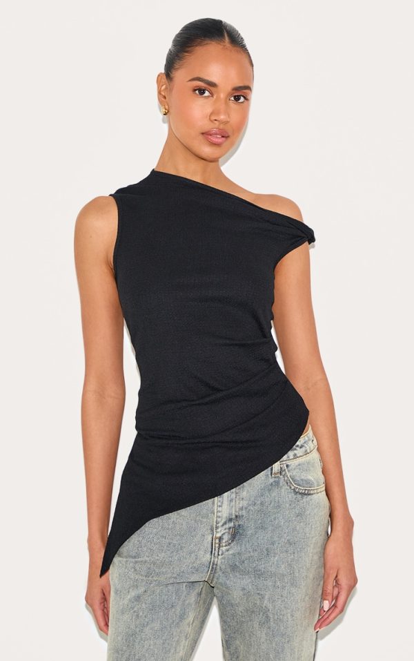 Black Textured Rib Twist Detail Asymmetric Longline Top