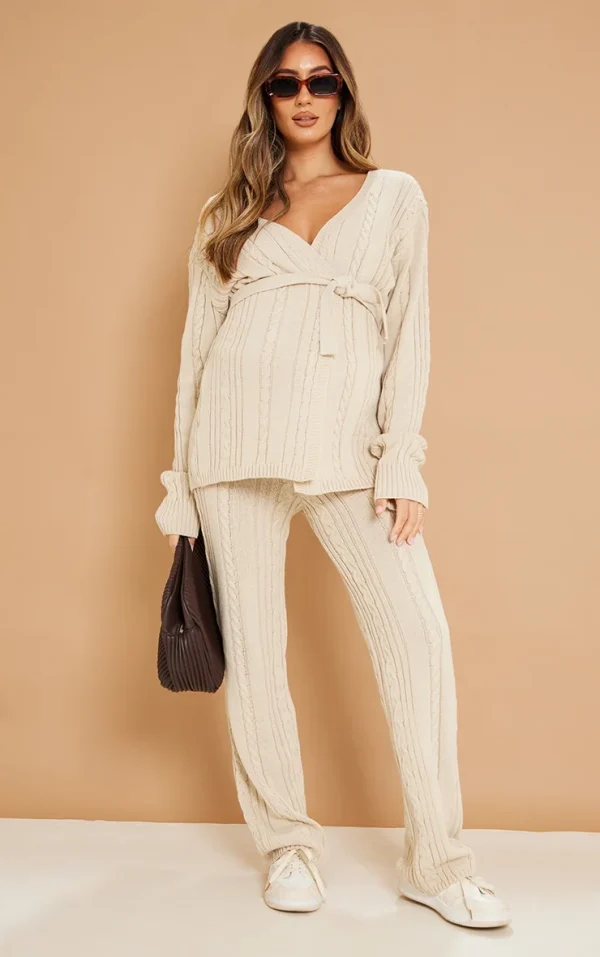 Maternity Oatmeal Cable Knit Wide Leg Flare