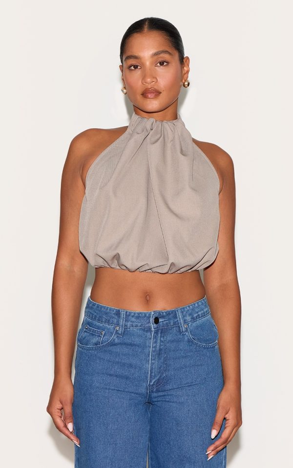 Grey Woven Ruched Halterneck Top