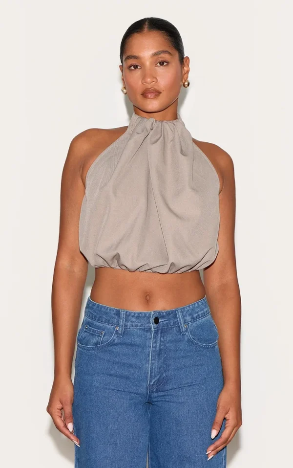 Grey Woven Ruched Halterneck Top
