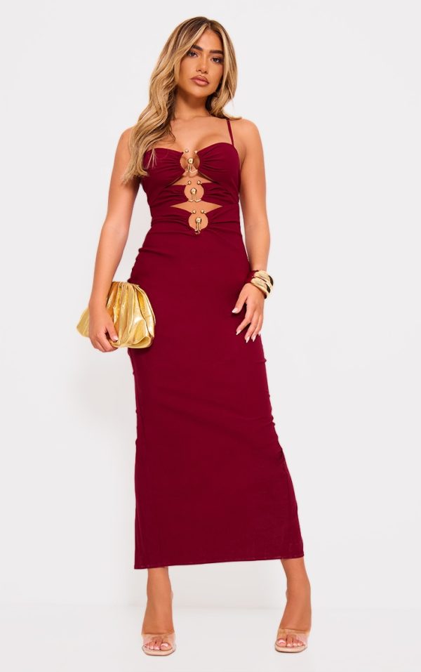 Burgundy Gold Trim Cut Out Maxi Dress