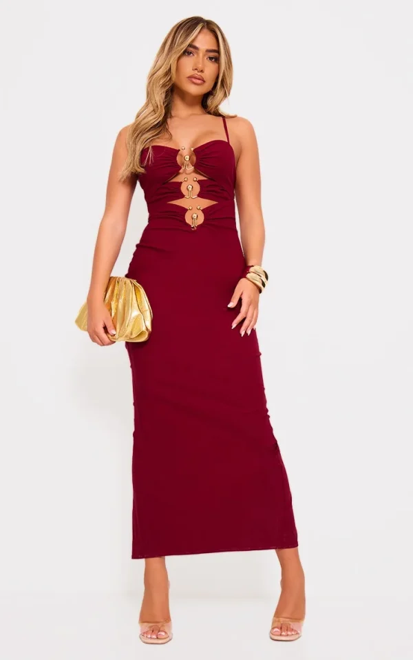 Burgundy Gold Trim Cut Out Maxi Dress