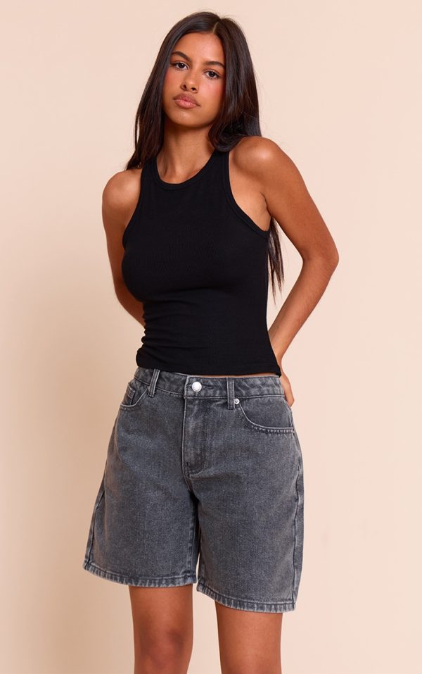 Petite Washed Grey Low Rise Baggy Boyfriend Shorts