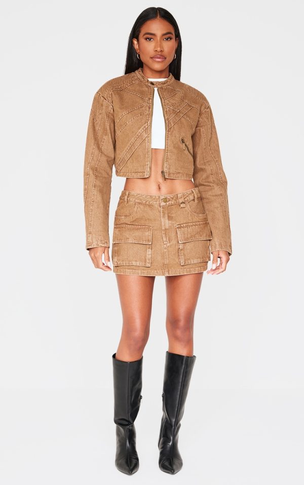 Brown Cargo Pocket Detail Denim Mini Skirt