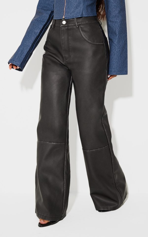 Petite Washed Black Faux Leather Wide Leg Pants