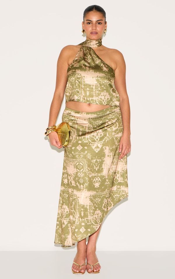 Plus Khaki Printed Satin Asymmetric Midi Skirt