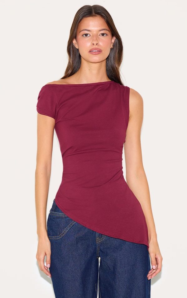 Wine Asymmetric Shoulder Extreme Longline Top