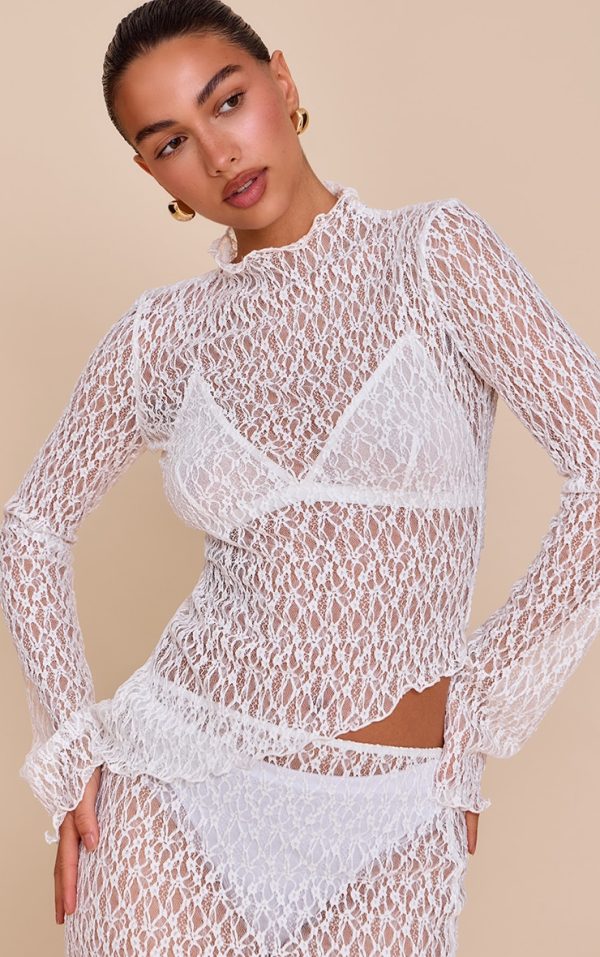 White Sheer Lace Asymmetric Long Top