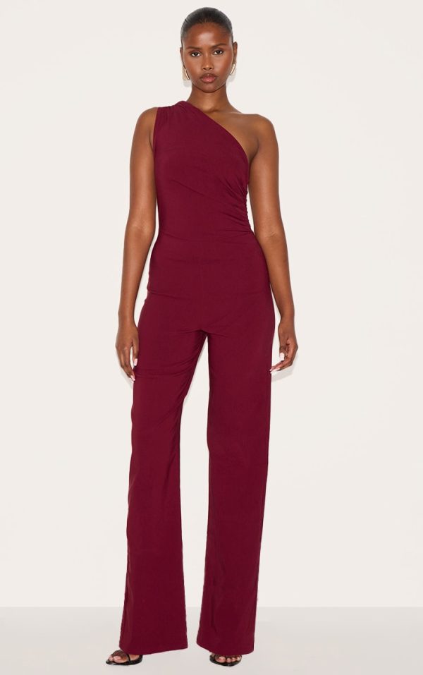 Wine Stretch Woven One Shoulder Ruched Flared Jumpsuit