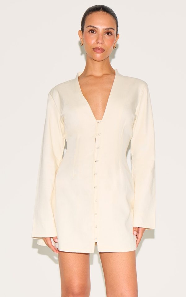 Petite Almond Linen Look Long Sleeve V-neck Dress