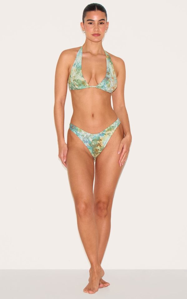 Green Mottled Print Halter Neck Bikini Top