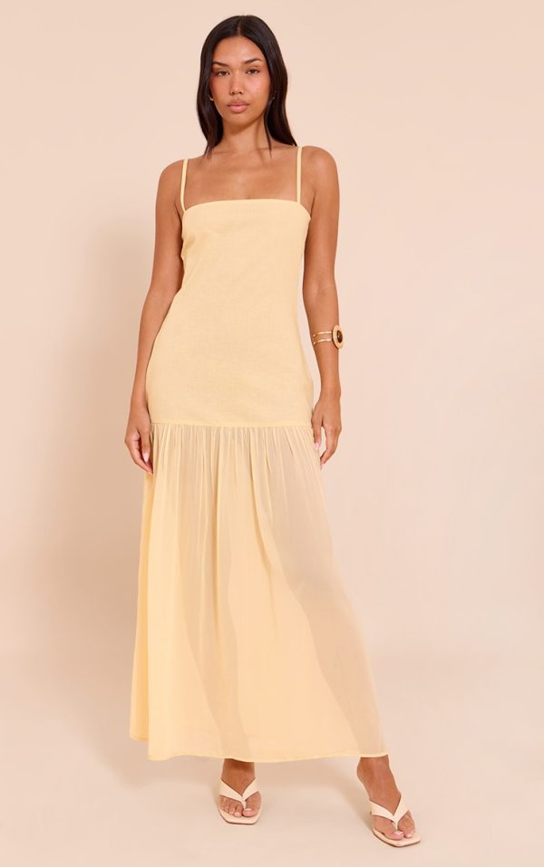 Lemon Linen Look Strappy Dropped Waist Maxi Dress