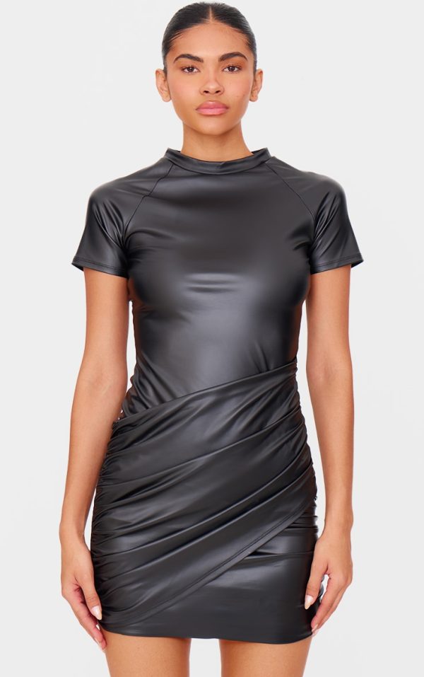 Black Faux Leather Wrap Over Skirt Mini Dress