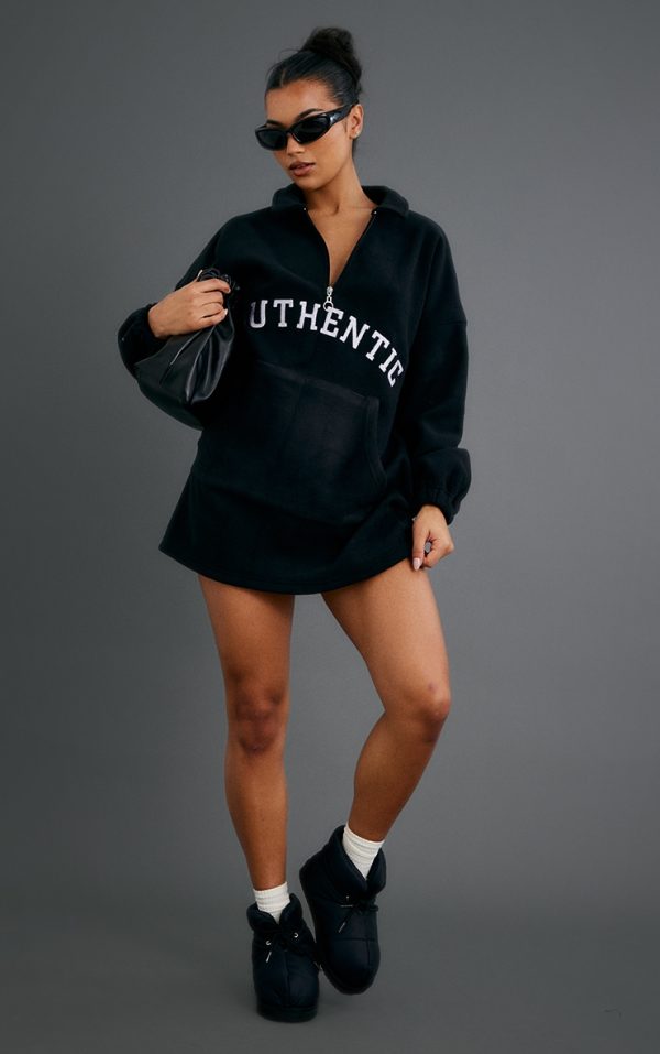 Black Authentic Graphic Half Zip Fleece Sweater Dress