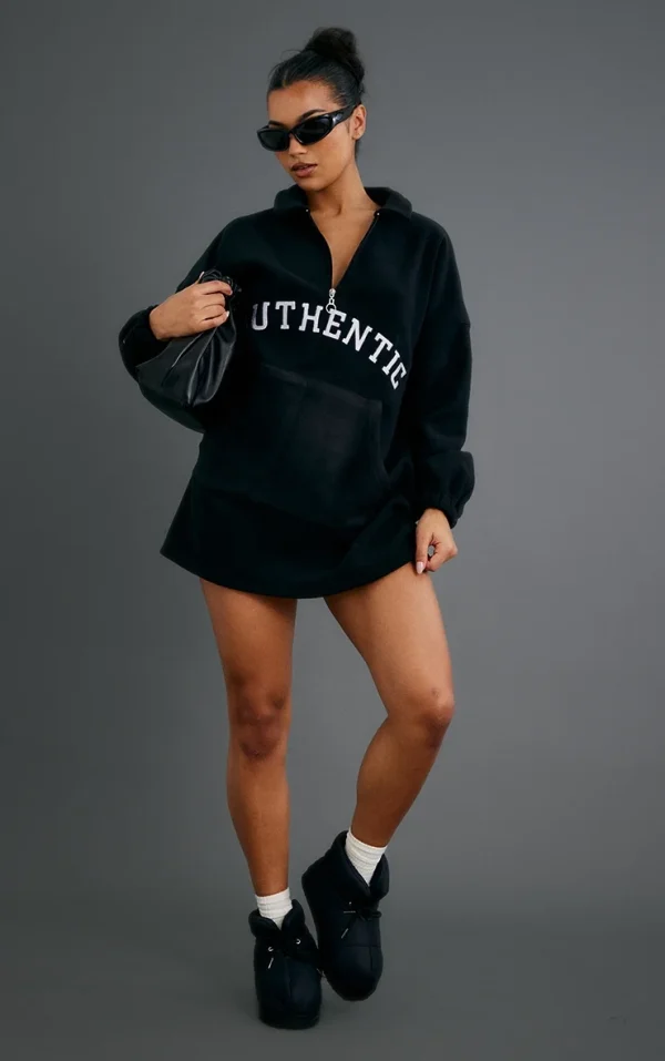Black Authentic Graphic Half Zip Fleece Sweater Dress