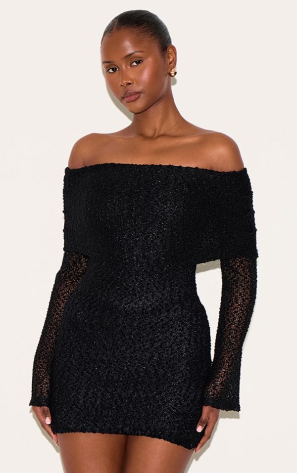 Black Textured Bardot Flare Long Sleeve Mini Dress