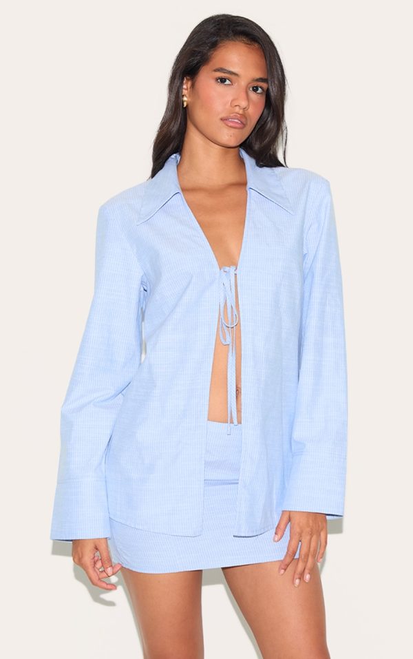 Sky Blue Striped Cotton Longline Tie Front Shirt