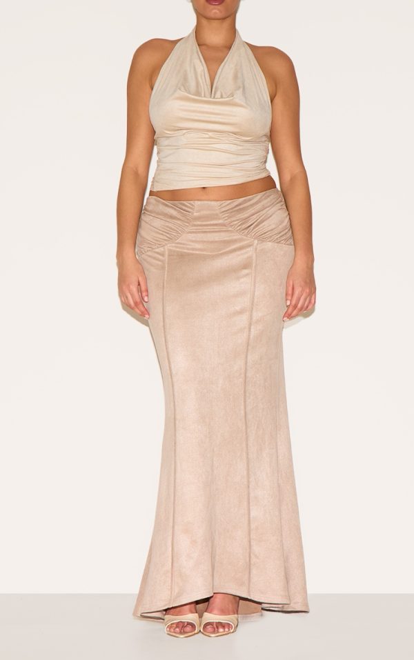Plus Stone Faux Suede Ruching Waist Detail Maxi Skirt
