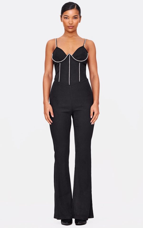 Black Diamante Corset Detail Flared Strappy Jumpsuit