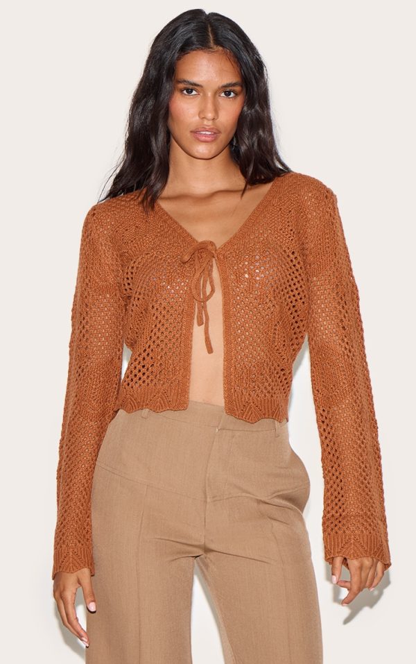 Rust Crochet Tie Front Cardigan