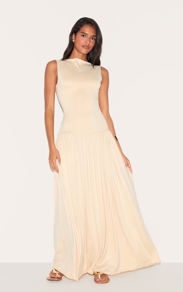 Almond Double Layer Jersey Dropped Waist Maxi Dress