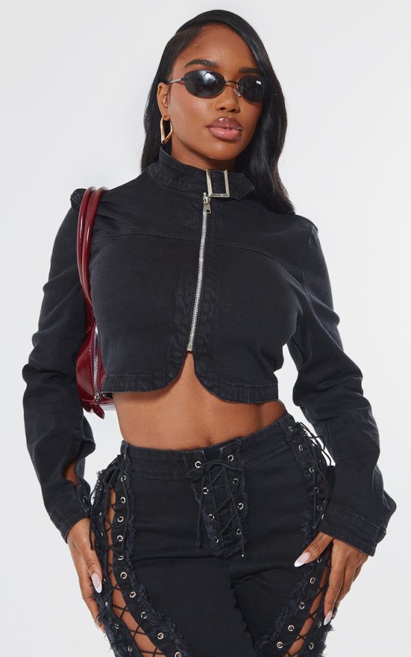 Shape Black Denim Lace Up Back Long Sleeve Jacket