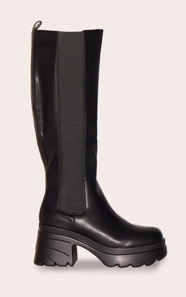Black Pu Chunky Chelsea Heeled Knee High Boots