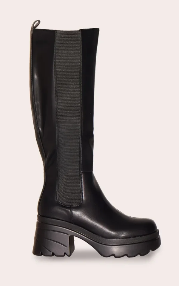 Black Pu Chunky Chelsea Heeled Knee High Boots
