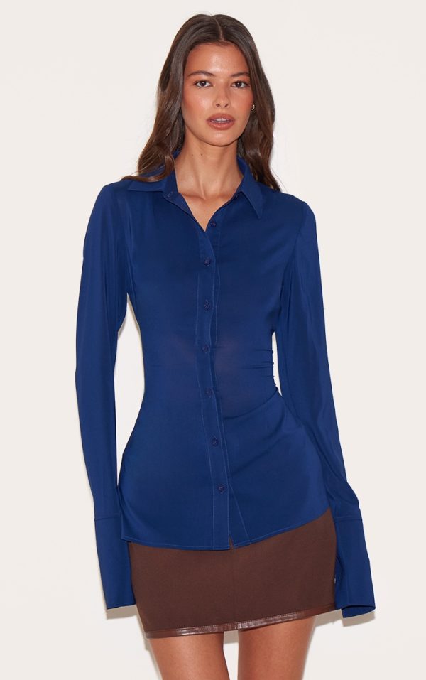 Navy Chiffon Fitted Shirt