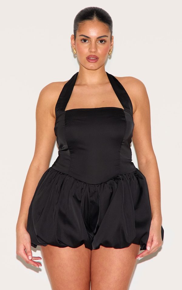 Plus Black Satin Halter Neck Puffball Romper