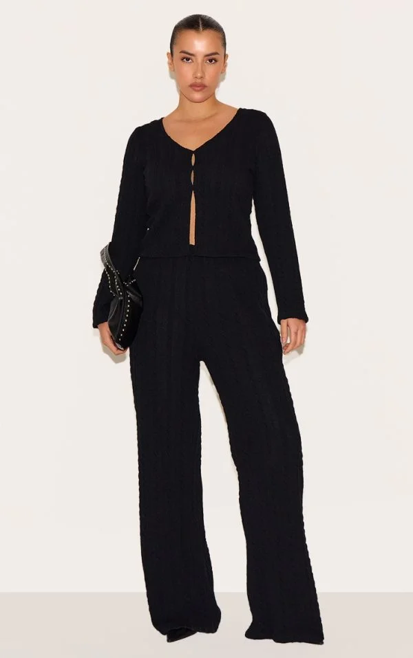 Plus Black Textured Wide Leg Pants