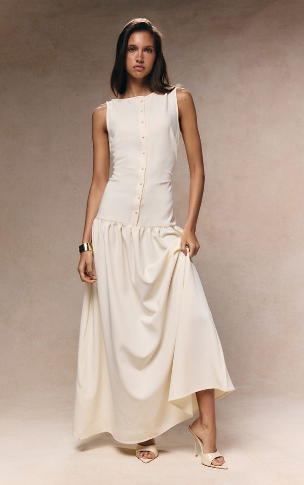 Cream Woven Button Dropped Waist Maxi Dress