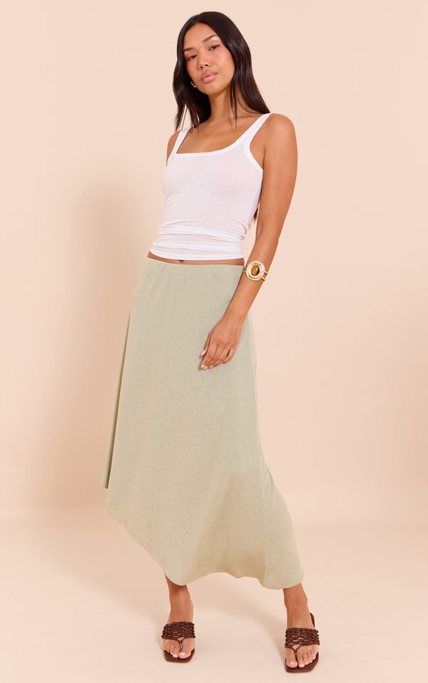 Sage Burnout Mesh Asymmetric Flowing Midi Skirt