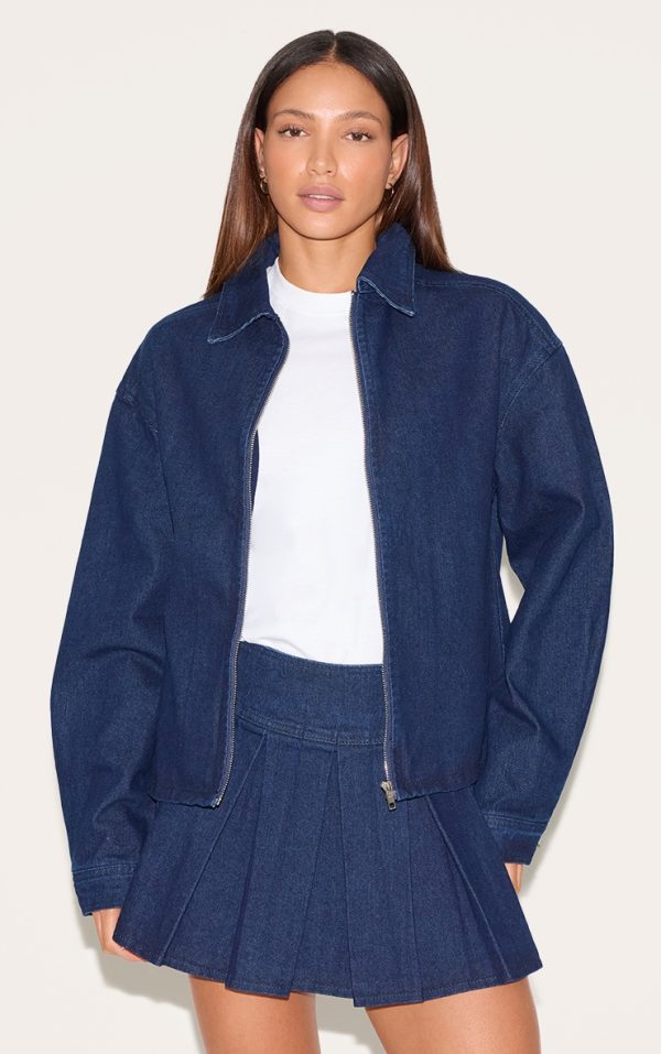 Tall Dark Indigo Zip Up Collared Oversized Denim Shirt