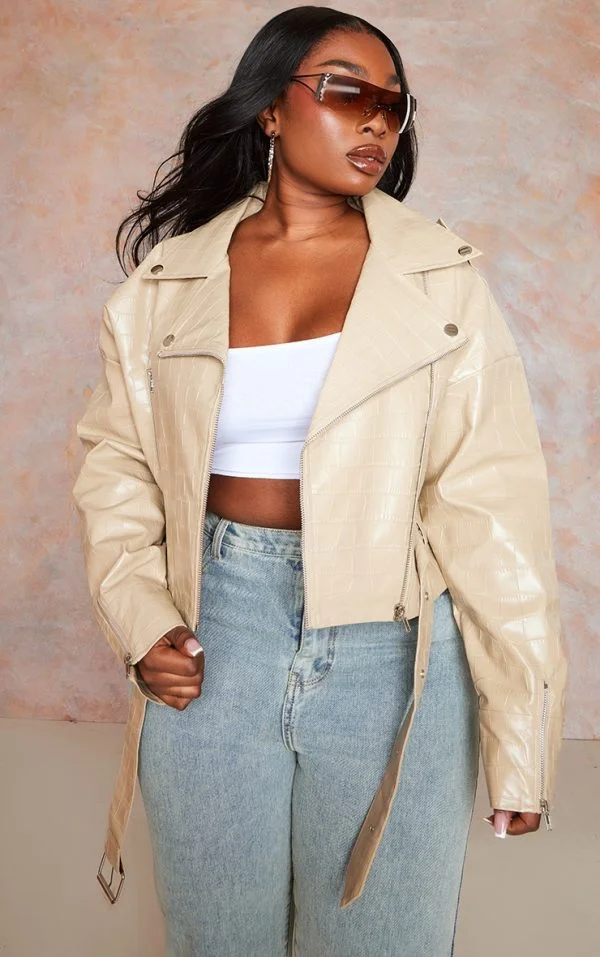 Plus Stone Croc Faux Leather Oversized Biker Jacket