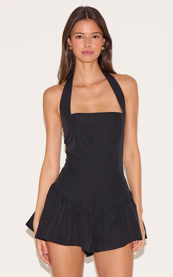 Black Halter Neck Drop Waist Floaty Romper