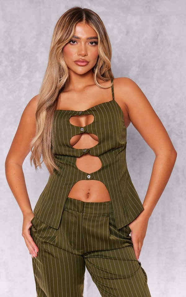 Dark Green Tailored Pinstripe Cut Out Button Detail Cami Top