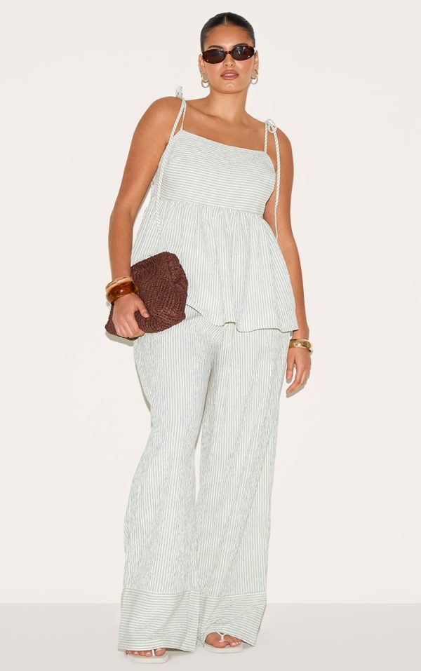 Plus Sage Green Woven Textured Striped Straight Leg Pants