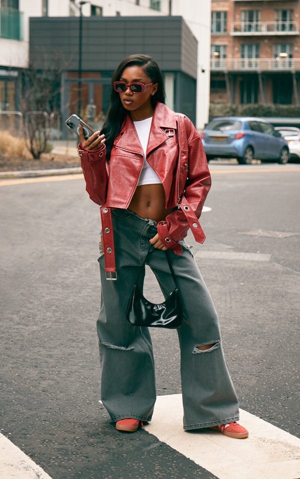 Bright Red Patent Faux Leather Belt Detail Cropped Biker Jacket