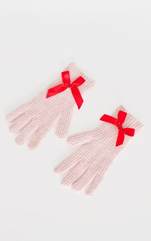 Pink Bow Detail Rib Gloves