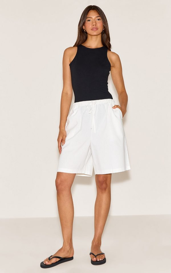 White Linen Blend Longline Shorts