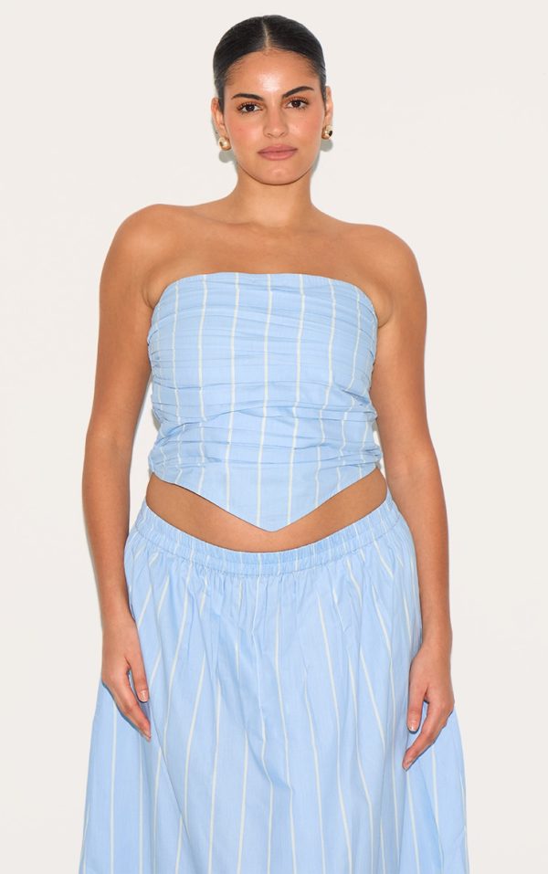 Plus Blue Cotton Poplin Bandeau Ruched Front Top