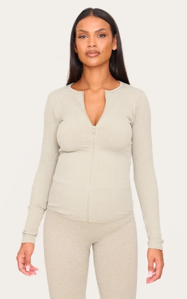 Maternity Moss Sand Ribbed Zip Up Cardigan