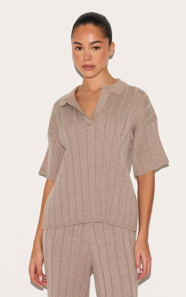 Mocha Rib Knit Oversized Polo Top
