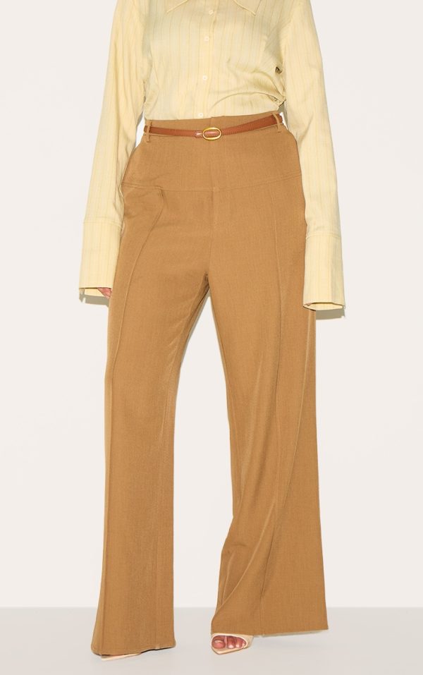 Plus Brown Tailored Thick Belted Waistband Detail Wide Leg Pants