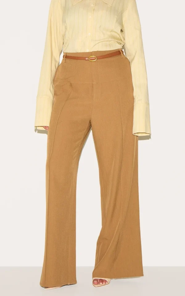 Plus Brown Tailored Thick Belted Waistband Detail Wide Leg Pants