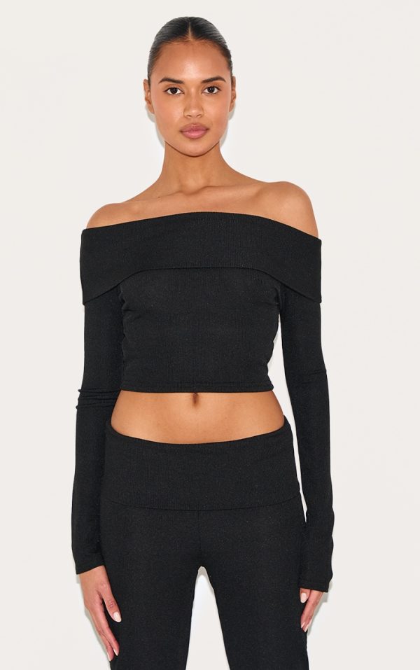 Black Rib Bardot Longline Foldover  Top