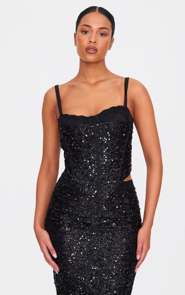 Tall Black Lace Bust Detail Sequin Corset Top